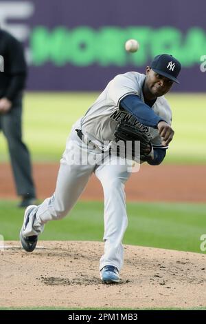 Cleveland, United States. 10th Apr, 2023. New York Yankees starting pitcher Domingo German (0) throws against the Cleveland Guardians in the first inning at Progressive Field in Cleveland, Ohio, on Monday, April 10, 2023. Photo by Aaron Josefczyk/UPI Credit: UPI/Alamy Live News Stock Photo