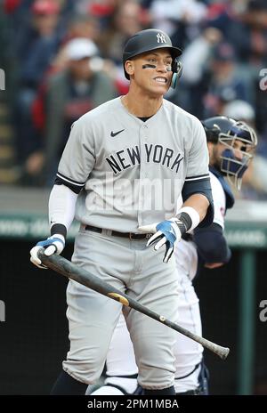 Cleveland, United States. 10th Apr, 2023. New York Yankees Aaron Judge (99) reacts after striking out against the Cleveland Guardians in the second inning at Progressive Field in Cleveland, Ohio, on Monday, April 10, 2023. Photo by Aaron Josefczyk/UPI Credit: UPI/Alamy Live News Stock Photo