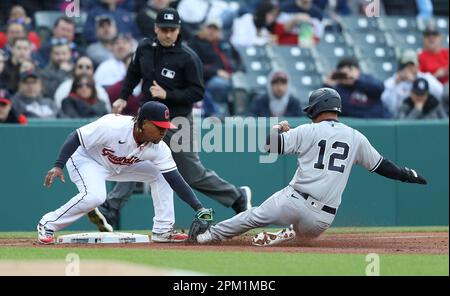 Cleveland, United States. 10th Apr, 2023. Cleveland Guardians Jose Ramirez (11) tags out New York Yankees Isiah Kiner-Falefa (12) attempting to steal third base during the second inning at Progressive Field in Cleveland, Ohio, on Monday, April 10, 2023. Photo by Aaron Josefczyk/UPI Credit: UPI/Alamy Live News Stock Photo
