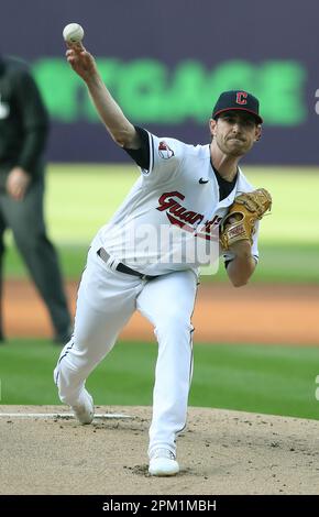 Cleveland, United States. 10th Apr, 2023. Cleveland Guardians starting pitcher Shane Bieber (57) throws against the New York Yankees in the first inning at Progressive Field in Cleveland, Ohio, on Monday, April 10, 2023. Photo by Aaron Josefczyk/UPI Credit: UPI/Alamy Live News Stock Photo