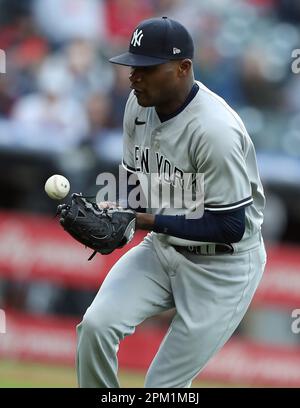 Cleveland, United States. 10th Apr, 2023. New York Yankees starting pitcher Domingo German (0) mishandles a ball hit by Cleveland Guardians Andres Gimenez (0) in the second inning at Progressive Field in Cleveland, Ohio, on Monday, April 10, 2023. Photo by Aaron Josefczyk/UPI Credit: UPI/Alamy Live News Stock Photo