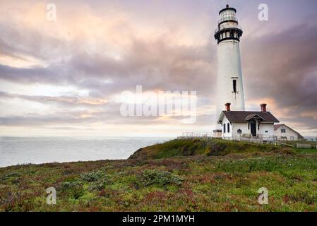 Pigeon Point Lighthouse is a lighthouse built in 1871 to guide ships on the Pacific coast of California. It is located on the coastal highway 1 near P Stock Photo