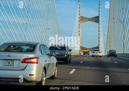 Northbound traffic on the Interstate 295 East Beltway at the Dames Point Bridge, a concrete cable-stayed bridge, in Jacksonville, Florida. (USA) Stock Photo