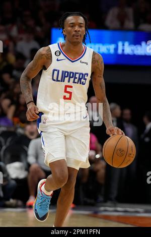 LA Clippers guard Bones Hyland (5) poses for photos during the NBA