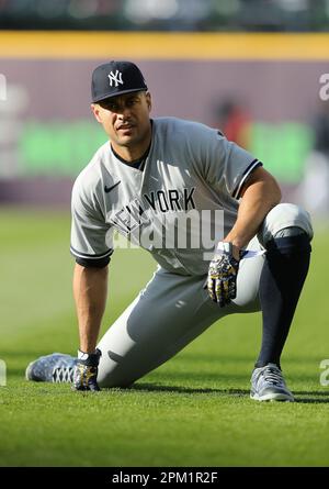 Cleveland, United States. 10th Apr, 2023. New York Yankees Giancarlo Stanton (27) stretches before his game against the Cleveland Guardians at Progressive Field in Cleveland, Ohio, on Monday, April 10, 2023. Photo by Aaron Josefczyk/UPI Credit: UPI/Alamy Live News Stock Photo