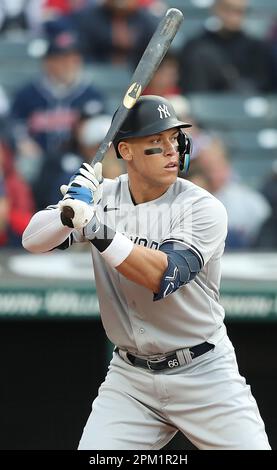 Cleveland, United States. 10th Apr, 2023. New York Yankees Aaron Judge (99) bats in the second inning against the Cleveland Guardians at Progressive Field in Cleveland, Ohio, on Monday, April 10, 2023. Photo by Aaron Josefczyk/UPI Credit: UPI/Alamy Live News Stock Photo