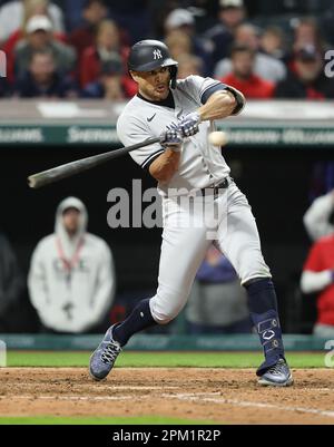 Cleveland, United States. 10th Apr, 2023. New York Yankees Giancarlo Stanton (27) bats against the Cleveland Guardians in the eigth inning at Progressive Field in Cleveland, Ohio, on Monday, April 10, 2023. Photo by Aaron Josefczyk/UPI Credit: UPI/Alamy Live News Stock Photo