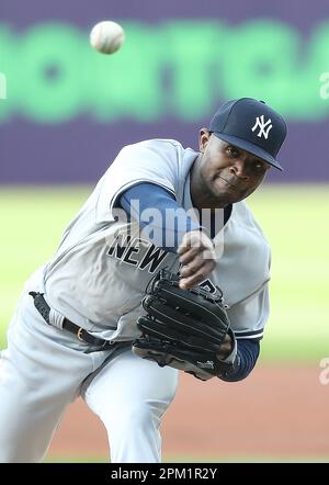 Cleveland, United States. 10th Apr, 2023. New York Yankees starting pitcher Domingo German (0) throws against the Cleveland Guardians in the first inning at Progressive Field in Cleveland, Ohio, on Monday, April 10, 2023. Photo by Aaron Josefczyk/UPI Credit: UPI/Alamy Live News Stock Photo