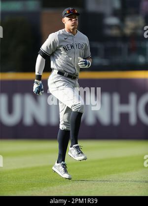 Cleveland, United States. 10th Apr, 2023. New York Yankees Aaron Judge (99) warms up for his game against the Cleveland Guardians at Progressive Field in Cleveland, Ohio, on Monday, April 10, 2023. Photo by Aaron Josefczyk/UPI Credit: UPI/Alamy Live News Stock Photo