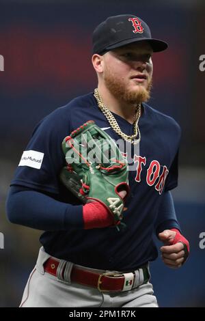 ST. PETERSBURG, FL - APRIL 10: Boston Red Sox Outfielder Alex Verdugo (99)  trots back towards the dugout during the MLB regular season game between  the Boston Red Sox and the Tampa