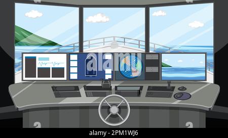 Ship cockpit interior with control panels illustration Stock Vector