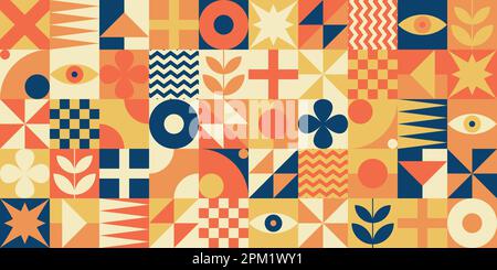 Bauhaus style mid century colorful neo-Memphis contemporary editable seamless pattern neo geo abstract geometrical vector illustration Stock Vector