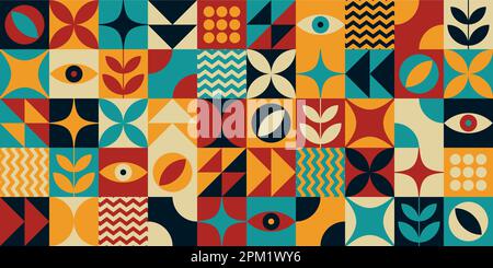 Abstract pattern mid century colorful neo-memphis bauhaus style contemporary editable seamless pattern abstract geometrical vector illustration Stock Vector