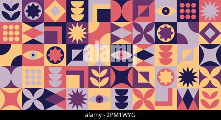 Colorful neo geometric bauhaus style memphis contemporary editable repeatable seamless pattern with bold shapes neo geo abstract geometrical vector Stock Vector