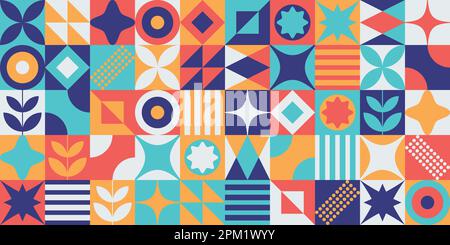 Bold minimalist mid century trendy neo-memphis bauhaus style contemporary editable seamless pattern neo geo abstract geometrical vector illustration Stock Vector
