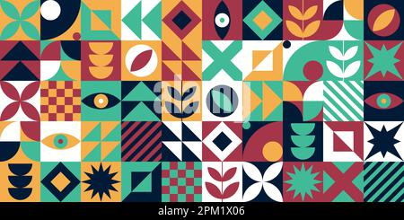 Minimalist mid century colorful neo geometric retrofuturistic bauhaus style memphis contemporary repeatable seamless pattern neo geo abstract art Stock Vector