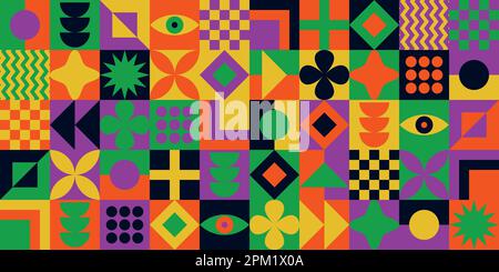 Modern minimalist mid century neo-memphis bauhaus style pattern in vibrant colors contemporary editable seamless pattern neo geo abstract geometrical Stock Vector
