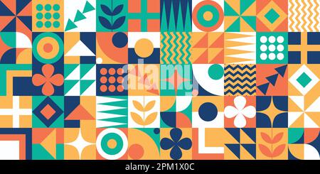 Modern bauhaus style memphis contemporary editable seamless pattern with bold simple shapes in vivid colors neo geo abstract geometrical vector art Stock Vector