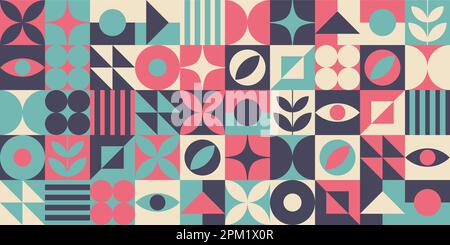 Mid century neo geometric bauhaus style memphis contemporary editable seamless pattern abstract geometrical vector illustration Stock Vector