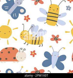 Colorful seamless pattern with funny bees, butterflies and clouds. Background with cute childrens drawings. Stock Vector