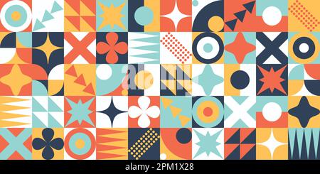 Mid century scandinavian vibrant colors neo geometric bauhaus style memphis contemporary editable seamless pattern neo geo abstract geometrical vector Stock Vector