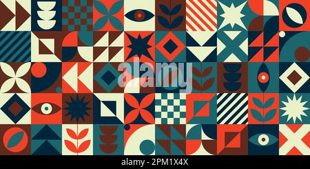 Modern mid century bold minimal mural texture print multi color neo geometric bauhaus style memphis editable seamless pattern neo geo abstract Stock Vector