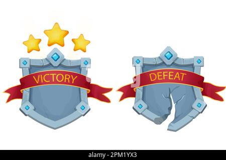 Set Stone shields, frame with gemstones, award ribbon, golden stars game victory and defeat board in cartoon style isolated on background. Magic royal asset, template. Vector illustration Stock Vector
