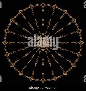 A black background with a circular pattern of gold leaves and the word mandala on it. Stock Vector