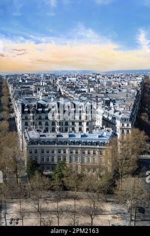 Paris, beautiful Haussmann facades and roofs in a luxury area of the capital, view from the triumph arch Stock Photo