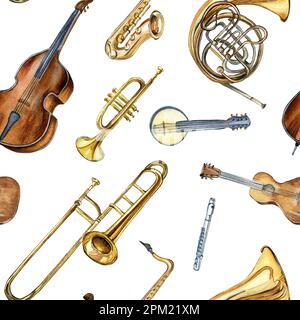 Guitar, violin, contrabass and banjo, mandolin watercolor illustration ...