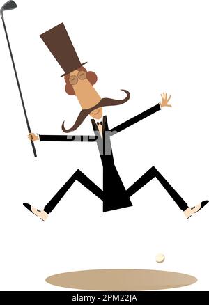 Gentleman a golfer on the golf course illustration. Cartoon jumping mustache man in the top hat holds a golf club isolated on white Stock Vector