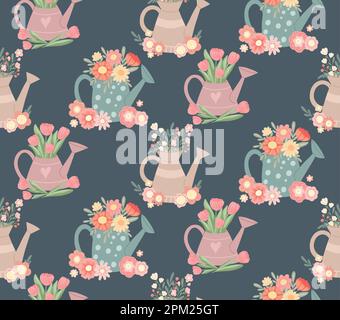 Vector flat hand drawn seamless pattern with garden watering cans and floral bouquets on dark background. Summer texture with original vases Stock Vector