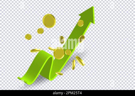 Curved arrow and flying coins on transparent. Green flexible stock arrow up growth icon. Investment and financial growth concept. Trading stock news i Stock Vector
