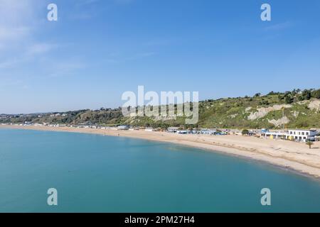 Aerial drone view of Numana town , Conero Mount, Adriatic Sea beach in Le Marche region, Italy , Europa Stock Photo