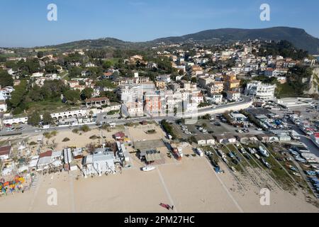 Aerial drone view of Numana town , Conero Mount, Adriatic Sea beach in Le Marche region, Italy , Europa Stock Photo