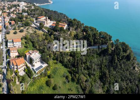 Aerial drone view of Sirolo and Numana town , Conero Mount, Adriatic Sea beach in Le Marche region, Italy , Europa Stock Photo