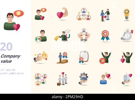 Company value set. Creative icons: honesty, boldness, collaboration, trust, innovations, performance, customer commitment, integrity, quality Stock Vector