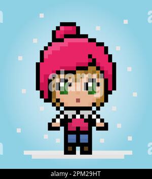 8 bit of pixel women's character. Anime cartoon girl wears a hat in vector illustrations for game assets or cross stitch patterns. Stock Vector