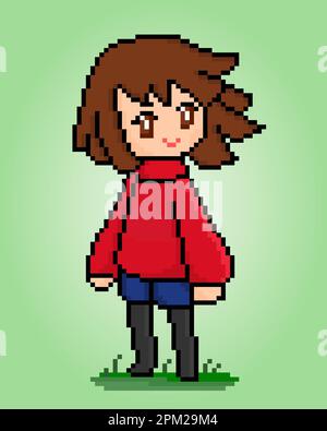 8 bit of pixel women's character. Women's anime in vector illustrations for game assets or cross stitch patterns. Stock Vector