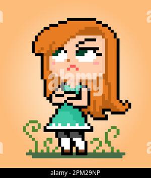 8 bit of pixel women's character. angry girl in vector illustrations for game assets or cross stitch patterns. Stock Vector