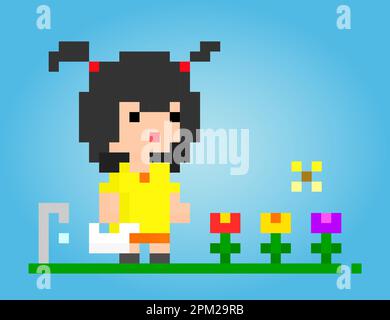 8 bits of female pixels flush flowers. Anime cartoon girl in vector illustrations for game assets or cross stitching patterns. Stock Vector