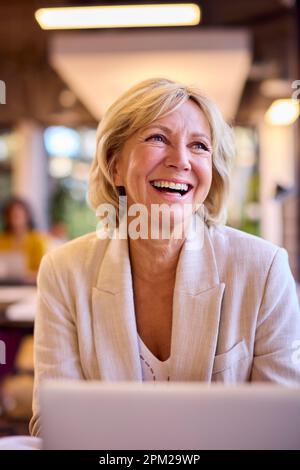 Smiling Mature Businesswoman Working On Laptop At Desk In Office Stock Photo