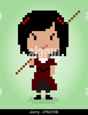 8 bit pixel of the cute girl carrying a stick. Cartoon women in vector illustrations. Stock Vector