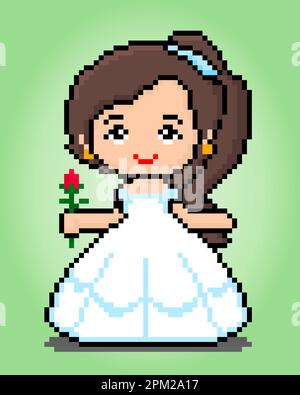 8 bit pixel girl holding flowers, princess pixels for game assets and cross stitch patterns in vector illustrations. Stock Vector