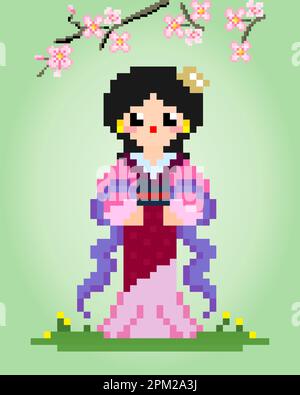 8 bit pixels women wear Hanfu dresses. Chinese girls in vector illustrations for game assets or cross stitch patterns. Stock Vector