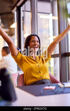 Excited Mature Businesswoman Celebrating Working At Desk In Office Stock Photo