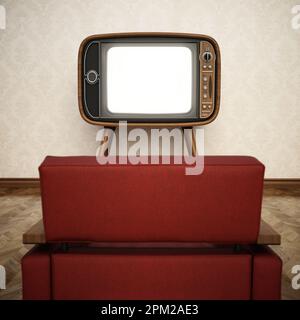 Retro analogue tv with blank screen and retro red armchair. 3D illustration. Stock Photo