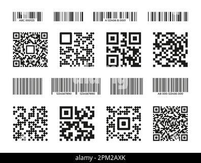 Barcodes and QR. Scan code for labeling and tracking, black stripes with barcode and number for identification, supermarket product packaging element. Vector set. Square icons for information Stock Vector