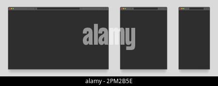 Browser mockup dark theme. Empty tab webpage with search engine, computer, laptop, tablet and mobile dark theme modes. Vector website templates. Blank black page frames for different devices Stock Vector