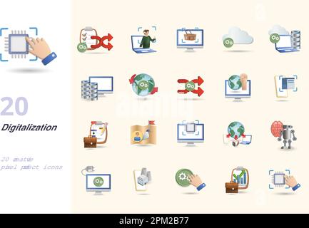 Digitalization set. Creative icons: vehicle to grid, search engine optimization, pull economy, machine learning, 3d manufacturing, advanced Stock Vector
